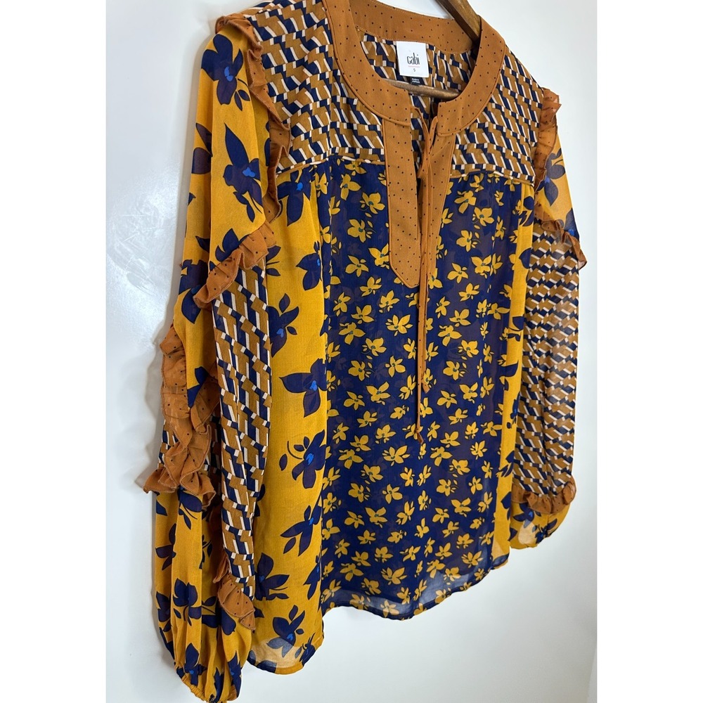 Cabi Harmony Blouse Sheer Golden Eye Floral Ruffle Long Sleeve 3953 Size Small - Picture 3 of 11